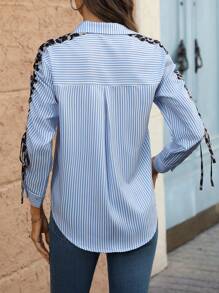 Camisa de mujer de manga larga con cordón, estampado de rayas y estampado de leopardo - Azul - Ver 4