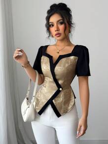 Elenzga 女士时尚优雅短袖衬衫，方领，二合一，斜襟，假纽扣，金属色，对比色拼接编织，春夏