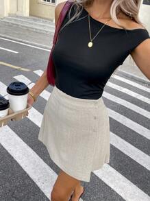 SHEIN Frenchy 女士纯色侧单排扣休闲短裙 - 杏色 - 查看 4