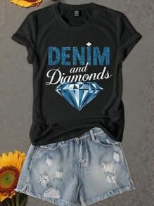 INAWLY Casual Diamond Pattern Slogan Print Women's Fitted T-Shirt, Summer