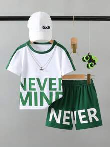 SHEIN Young Boy Casual Big Letter Print Patchwork Short Sleeve T-Shirt And Shorts Set, Spring/Summer