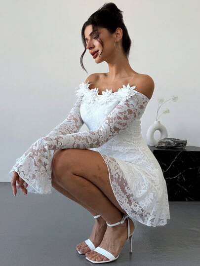 Firerie Vestido blanco elegante y romántico con hombros descubiertos, cintura ceñida y falda tipo línea A, con detalles de flores 3D y borlas de encaje, perfecto para una cita en el Día de San Valentín