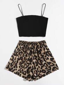 SHEIN VCAY Rib-knit Solid Cami Top & Shirred Waist Leopard Shorts Set - Multicolor - View 4