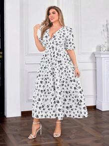 SHEIN Clasi Elegante vestido largo de estilo maxi con cuello en V y estampado floral para mujeres de talla grande