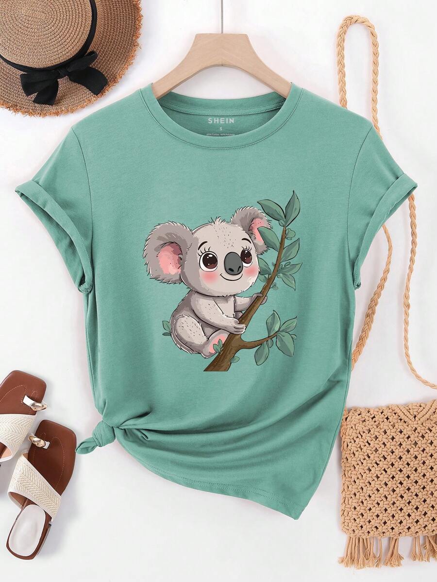 INAWLY Casual Vacation Cartoon Koala Print Short Sleeve T-Shirt - Mint Green - View 1