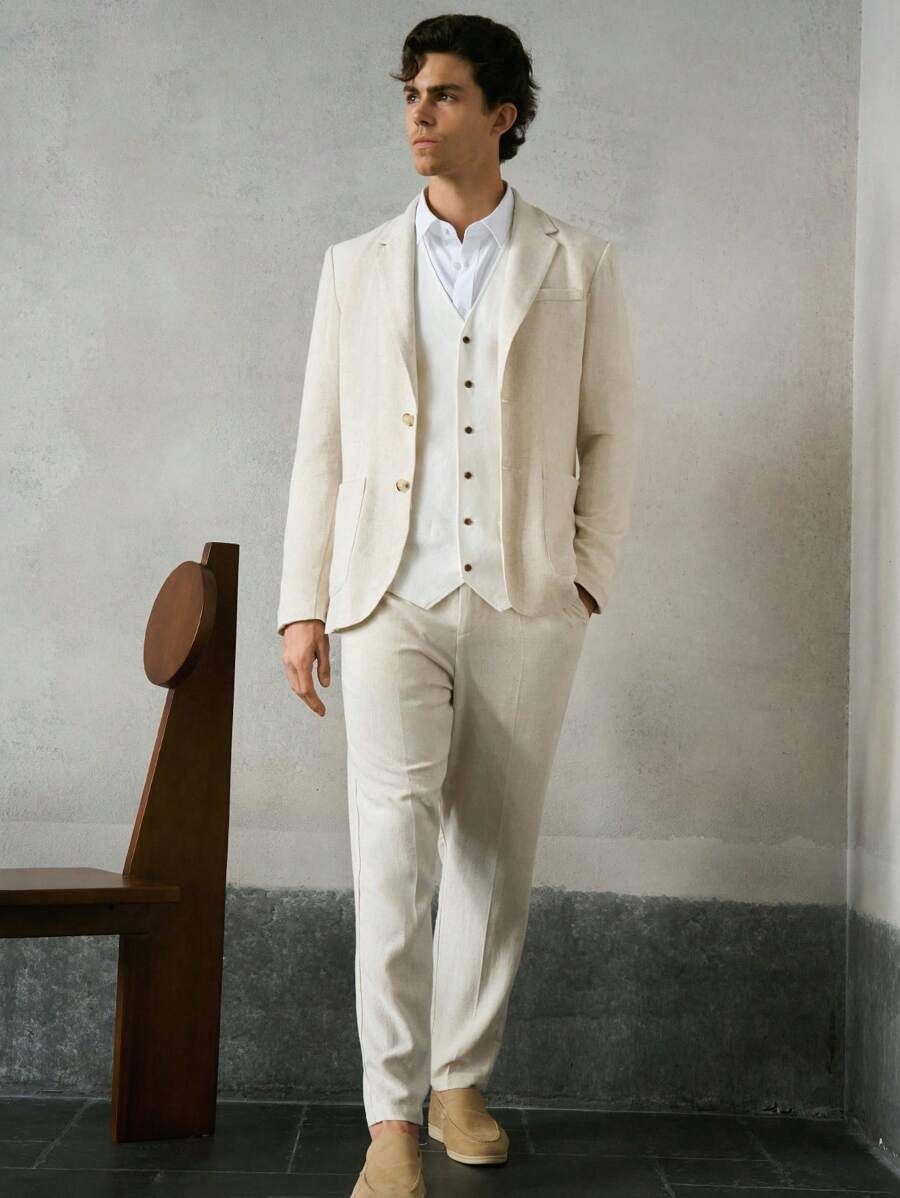 Manfinity VCAY 2pcs Men's Woven Slim Fit Casual Suit Set - Apricot - View 1