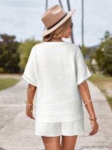 SHEIN LUNE Women's Paisley Embroidered Drop Shoulder Bohemian Textured V-Neck Shirt With Drawstring Waist Shorts 2 Pieces Set