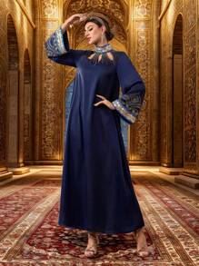 Al Najma 女士优雅闪亮水钻喇叭袖阿拉伯风格连衣裙 - 藏蓝色 - 查看 1