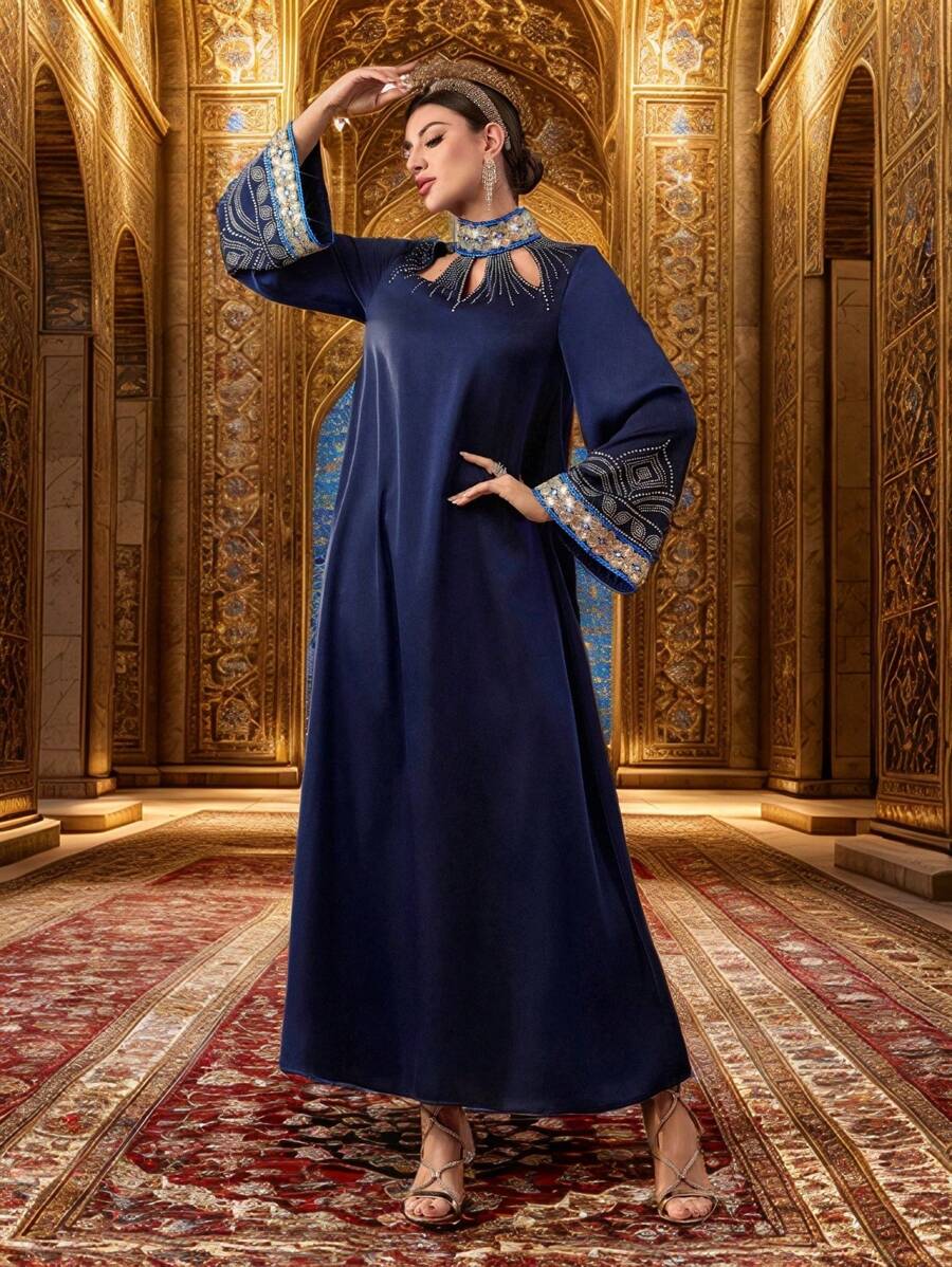 Al Najma 女士优雅闪亮水钻喇叭袖阿拉伯风格连衣裙 - 藏蓝色 - 查看 1