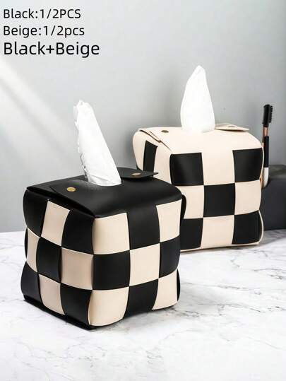 1pc Pu Leather Tissue Box Cover Holder Organizer, Chessboard Style, Square Shape, Four Colors, Home Stuff, Table, Home Decorations, Home Organization And Storage, Room Decor, Room Decor Bedroom, Kitchen Accessories, Kitchen Tools, Organizer Kitchen, Travel, Holiday
