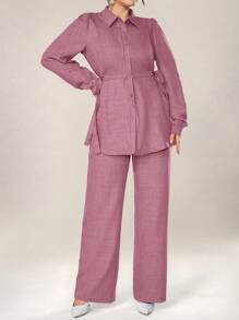 Graceveil Women 2pcs Set Front Button Long Sleeve Casual Blouse And Trousers 2 Pieces Set Modest Fall Cloth For Women - Pink - View 8