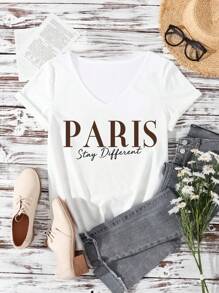 EMERY ROSE 大码女式休闲巴黎字母印花 V 领落肩 T 恤，适合夏季 - 白色 - 查看 2