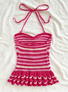 Soleia Women Striped Ruffle Hem Halter Neck Mini Dress Beach Vacation Outfits Spring Summer Outfits For Women - Multicolor - View 2