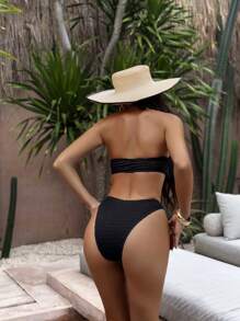 Swim SXY Springbreak 纯色特殊材质吊带金属装饰简约高腰连体泳衣 - 黑色 - 查看 2