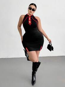 Flirla Plus Size V-Neck Contrast Color Split Hem Graceful Dress, Suitable For Dating, Party - Black - View 6