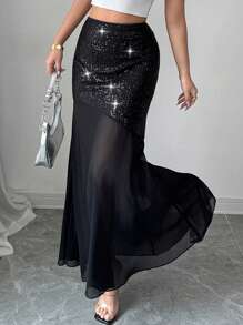 Chiquease Sequin Patchwork Cinched Waist Asymmetrical Colorblock Skirt - Black - View 1