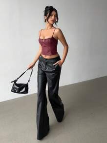 Aloruh Women's Sexy Solid Color Leather Strap Halter Neck Split U-Neck Knit Bodycon Camisole For Spring & Summer - Apricot - View 4