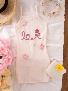 SHEIN Young Girl Apricot Knitted Minimalist Strap Dress With Embroidered 3D Floral Decor, Comfortable Summer Casual Skirt For Little Girls & Teenagers - Apricot - View 1