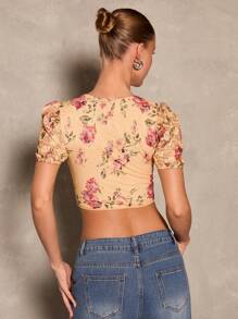 Glamine 女士优雅花卉印花蕾丝拼布短款 T 恤 - 黃色 - 查看 2