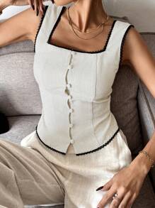 SHEIN Frenchy Áo cánh hở lưng buộc dây phía trước phối ren màu tương phản thanh lịch dành cho nữ, áo ngực cổ vuông, viền ren đen tương phản, nơ sau lưng, phong cách Old Money, vải có họa tiết phù hợp mặc hàng ngày, mùa xuân/hè - Nhiều màu - Xem 5