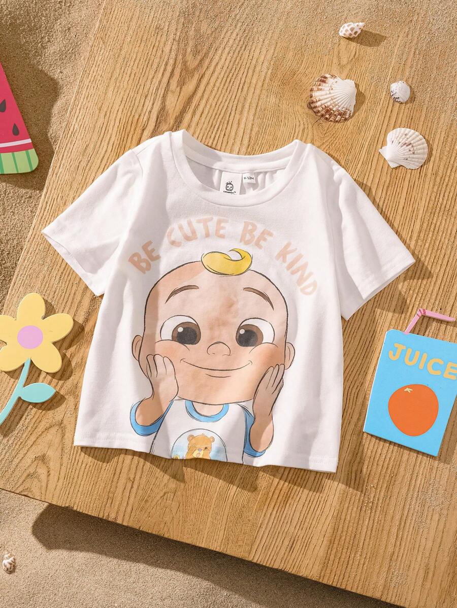 CoComelon X SHEIN Baby Boy Cartoon Graphic Cute White Short Sleeve T-Shirt, Suitable For Spring And Summer. - White - View 1