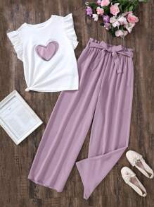 SHEIN Leap Crew Teen Girl Spring & Summer Girl Pink Heart Round Neck Flying Sleeve White Vest T-Shirt & Pink Flower Bud Pants Pleated Strap Wide-Leg Pants Suit, Casual Daily ,Spring Picnic Everyday Wear,Suitable For Various Occasions - Dusty Pink - View 1
