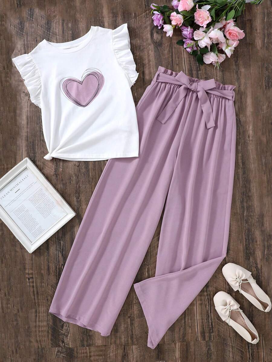 SHEIN Leap Crew Teen Girl Spring & Summer Girl Pink Heart Round Neck Flying Sleeve White Vest T-Shirt & Pink Flower Bud Pants Pleated Strap Wide-Leg Pants Suit, Casual Daily ,Spring Picnic Everyday Wear,Suitable For Various Occasions - Dusty Pink - View 1