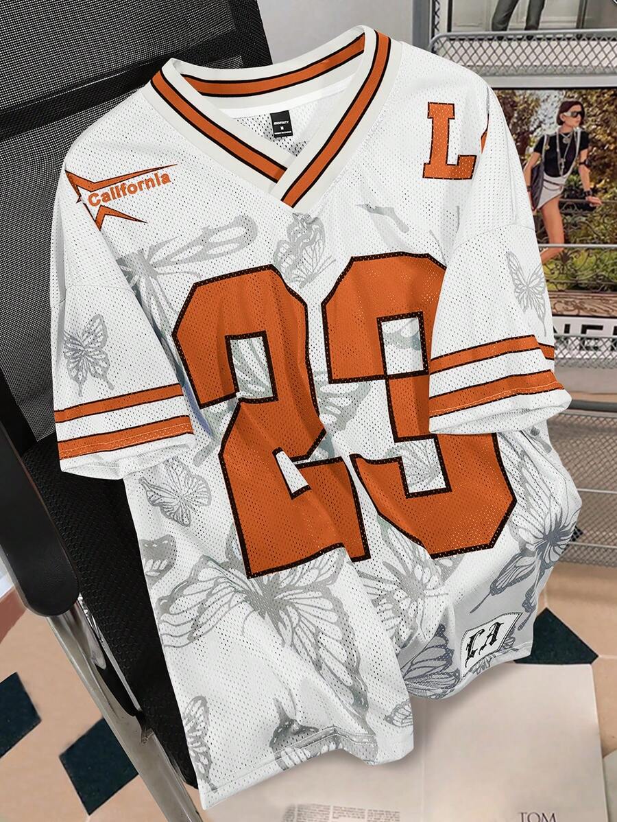 Manfinity Campus Court 男士休闲 V 领短袖 T 恤，带数字和字母印花，男士球衣，男士球衣，足球球衣，男士