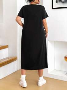 SHEIN Clasi 大码女式褶皱 3D 花卉短袖宽松中长直筒连衣裙，时尚 - 彩色 - 查看 2