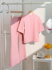 SHEIN Leap Crew Tween Girl 2pcs/Set Vintage Cherry Pattern Casual Loose Short Sleeve T-Shirt And Flare Pants Outfit, Suitable For Spring And Summer - Pink - View 2