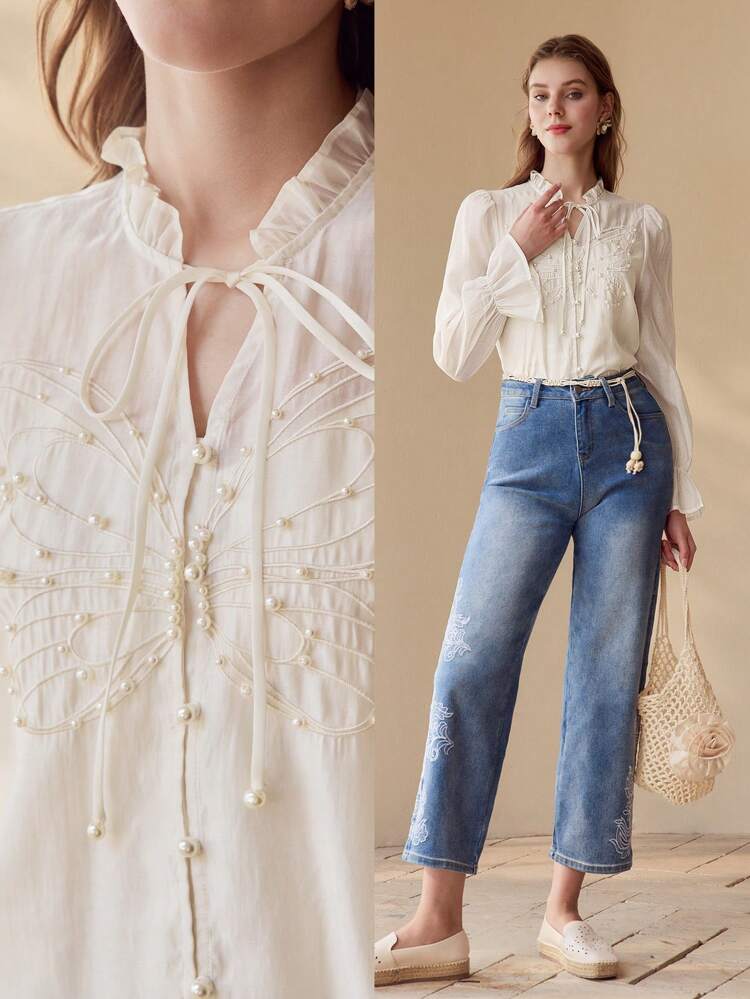 FAUX PEARL BUTTERFLY EMBROIDERY TIE NECK BLOUSE