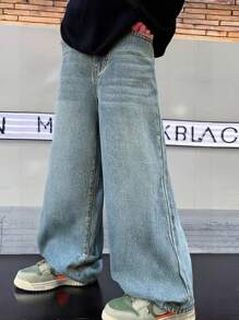 SHEIN Tween Boy Fashion Casual Vintage Blue Denim Simple Base Loose Comfortable Wide Leg Kids Jeans For Boy Soft Dailywear And Kids Summer Clothes - Blue - View 3