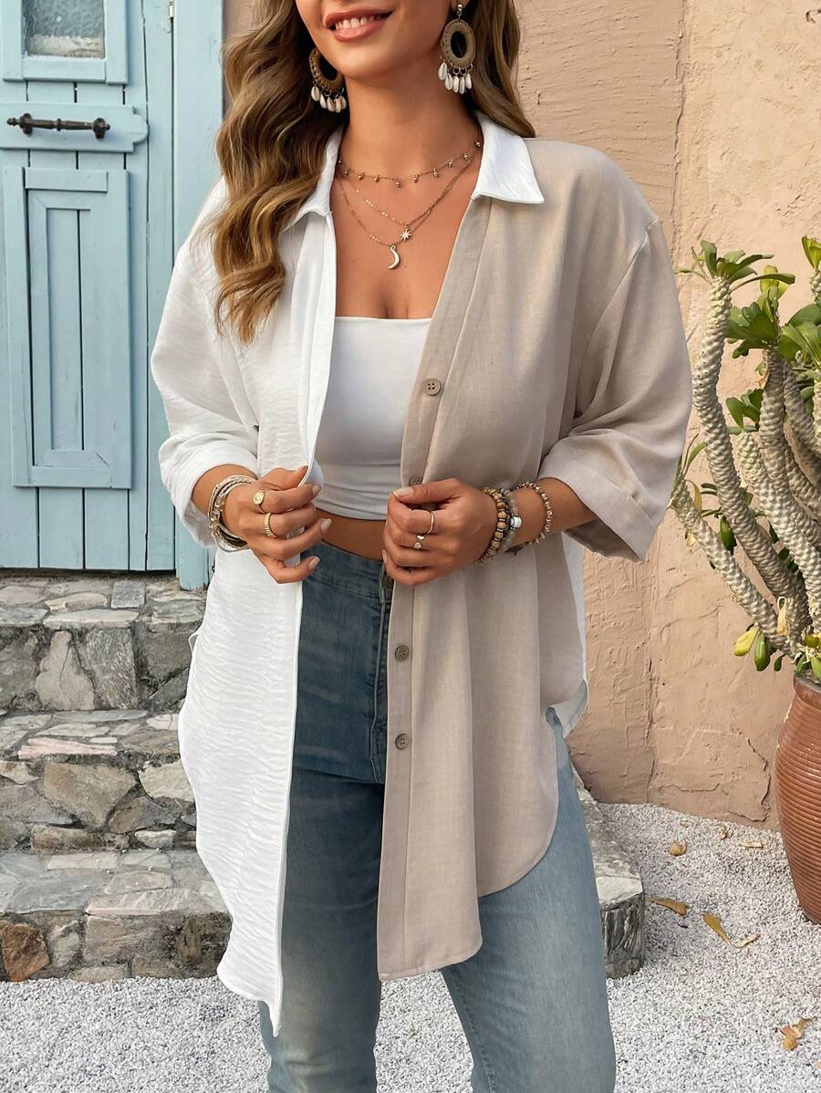 Calvaya Plus Size Women Spring/Summer Contrast Texture Front Opening Button 3/4 Sleeve Long Shirt - Khaki - View 1