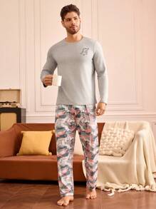 Happy Jammies Conjunto de ropa casual para hombre, camiseta de manga larga y pantalones, minimalista, cómodo para uso diario