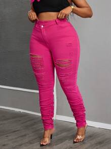 SHEIN SXY Plus Size Women Elastic Dusty Rose Ripped Tight Fit Jeans Women Summer Outfits  Pink Jeans - Hot Pink - View 3