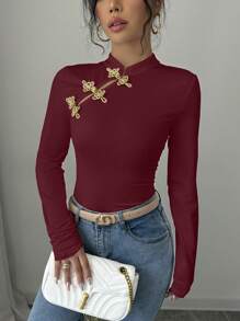Elenzga Camiseta gráfica de manga larga con cuello de cheongsam y decoración de botones chinos, elegante para mujer, ideal para outfits de primavera