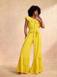 Slaydiva Bộ đồ liền quần dài siêu dài mới cho kỳ nghỉ xuân hè Một bên vai chéo Vai hai lớp nhún bèo Cổ áo cạp rộng Quần dài siêu dài Nhiều lớp viền nối Dải sóng màu vàng Vải dệt Bộ đồ liền quần nữ-B - Màu vàng - Xem 6