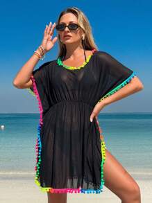 Swim Lushoire 女士圆领沙滩罩衫，带绒球边缘和褶皱腰，适合夏季度假 - 黑色 - 查看 2