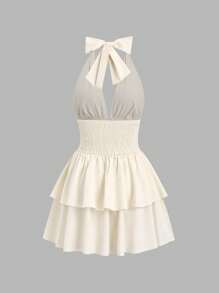 1 pieza Vestido midi con espalda abierta y cintura ceñida de unicolor elegante, atuendo Y2K para Navidad, festiva - Albaricoque - Ver 2