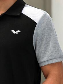 Manfinity Homme Men's Black Summer Casual Golf Polo Shirt,White & Gray Color-Blocked Short-Sleeve Top With Eagle Embroidery And Button Placket For Daily Business - Black - View 2