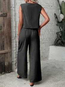 SHEIN LUNE Women's Simple Solid Color Sleeveless Vest And Long Pants Two-Piece Set - Black - View 2