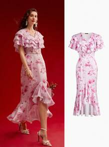 MOTF PREMIUM Vestido fluido con estampado floral y ribete de volantes, conjunto para el Día de San Valentín - Rosa - Ver 9