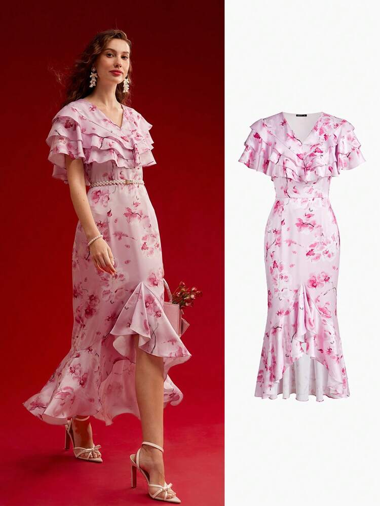 FLORAL PRINT RUFFLE TRIM FLOWY DRESS,VALENTINE'S DAY OUTFIT,SPRING/SUMMER