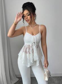 Selianne Áo hai dây ren trơn màu thanh lịch cho nữ có viền bất đối xứng - trắng - Xem 5