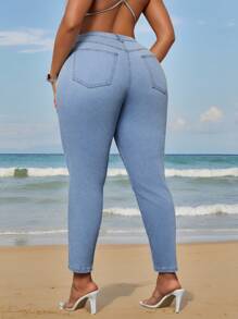Slaydiva Plus Size Women's Ripped Hollow Out Open Side Hoop Decor Denim Jeans - Blue - View 3