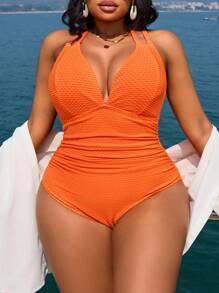 SHEIN Swim Curve Plus Size Women's Sexy Elegant Orange Polka Dot Jacquard Deep V-Neck One-Piece Swimsuit, Suitable For Daily Beach Vacation For Summer - Orange - View 4