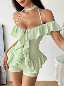 Flirla Set de 2 piezas con top de camiseta con bajo asimétrico con volantes y shorts ajustados de cintura baja para mujer, para primavera/verano