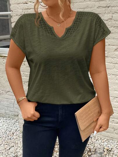 SHEIN Frenchy Summer Lace Splicing Vacation Plus Size V-Neck Tee With Cut-Out Details