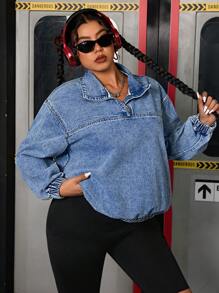 SHEIN ICON Casual Fashion Zip Up Denim Jacket - Medium Wash - View 6