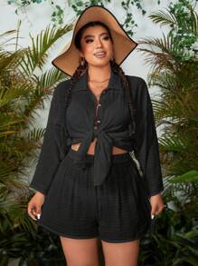 Swim Lushoire Plus Size Women Solid Color Open Front Long Sleeve Kimono, Robe And Shorts Casual Loungewear Set For Summer Beach Vacation - Black - View 5